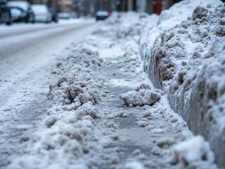 Snow-covered sidewalk with snow accumulation in winter scene  