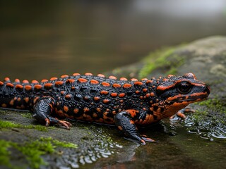 Vibrant salamander on mossy rock