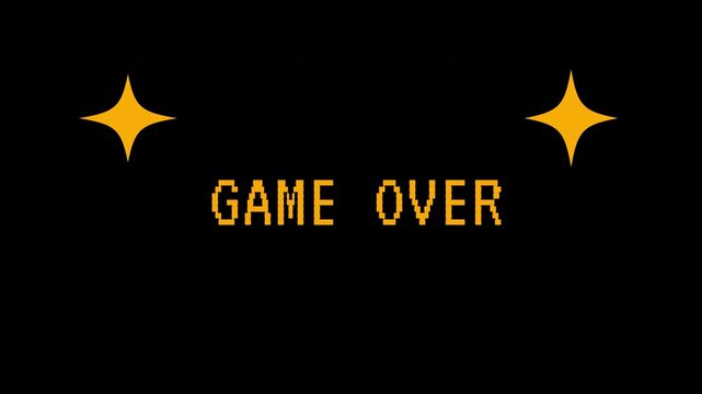 Animated pixel art text 'GAME OVER' flashes with stars for a vintage gaming theme on a dark background. 4k text animated video