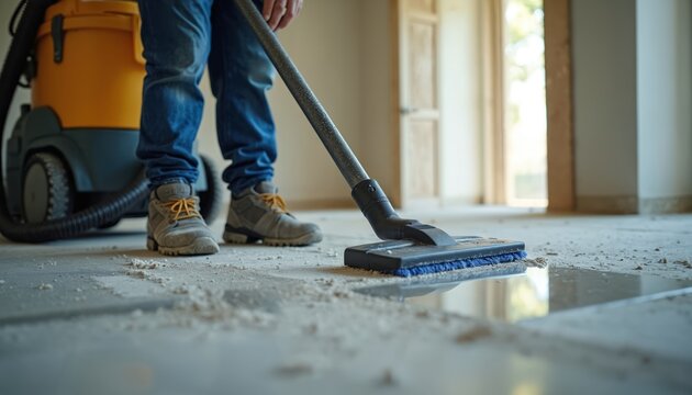 Worker uses industrial vacuum cleaner to clean construction site dust. Man in work clothes vacuums debris from floor, preparing space for new flooring installation. Pro janitor cleans house interior