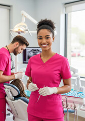 Young smiling Afro-American female dentist in a dental office. Handsome doctor in a pink uniform