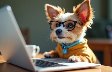 Small dog wears glasses and yellow hoodie works on laptop computer. Cute pet looks intently at screen, paws rest on keyboard. Canine is dressed like human office worker.