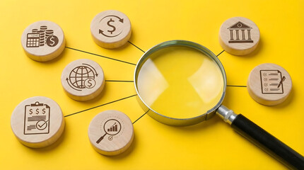 Magnifying glass focusing on business finance icons on yellow background,symbolizing financial audit,market analysis,investment strategy,banking transparency,and economic research concept.