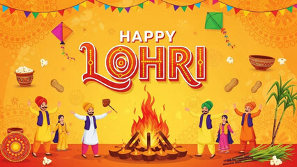 Celebratory Lohri: A vibrant illustration depicts the festive spirit of Lohri, showcasing a bonfire, traditional elements, and joyful celebrations, all infused with rich cultural significance.