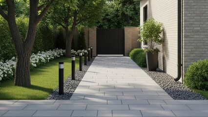 Fototapeta premium Modern house pathway with garden and lighting along the walkway outside