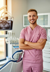 Young smiling Caucasian male dentist in a dental office