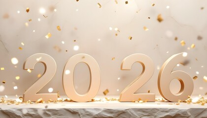 Floating abstract confetti shapes over polished stone plane featuring bold 2026 number warm metallic palette calm celebration mood elegant design