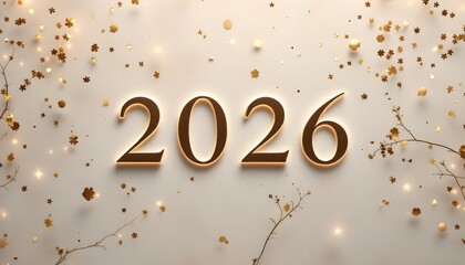 Centered minimal luxury new year scene with abstract confetti stone surface and refined 2026 design clarity serene elegant background composition