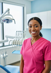 Adult smiling Afro-American female dentist in a dental office