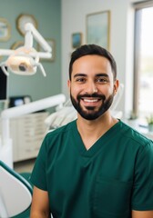 Adult smiling Latinx male dentist in a dental office
