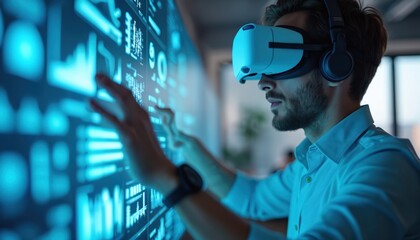 Man uses VR headset and headphones interacting with holographic data display. He touches glowing charts on futuristic screen in office. Pro works with future tech.