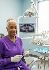 Elderly Afro-American female dentist in a dental clinic. Handsome doctor in a purple uniform. Modern dental equipment