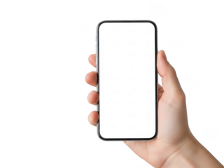 Hand holding blank smartphone mockup isolated on transparent background