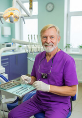 Elderly Caucasian male dentist in a dental clinic. Handsome doctor in a purple uniform