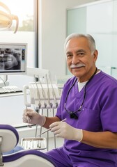 Elderly Latinx male dentist in a dental clinic