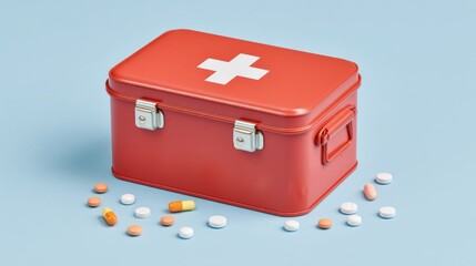Bright and Colorful First Aid Kit with Pills and Tablets on Light Blue Background for Health and Safety Concepts