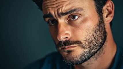 A close-up portrait of a thoughtful man with a beard.