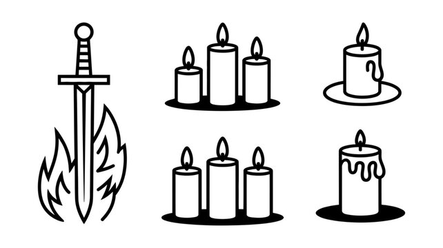Illustrative vector icons featuring a flaming sword alongside assorted burning candles in a collection.
