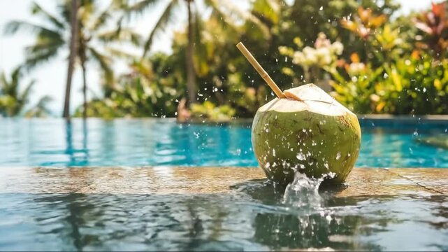 Relaxing tropical vacation scene with fresh green coconut by luxury infinity pool
