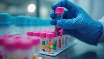 Scientist in blue gloves holds test tube with pink liquid in lab. Rows of small vials with colorful pills are visible. Medical research, drug development, clinical trials.