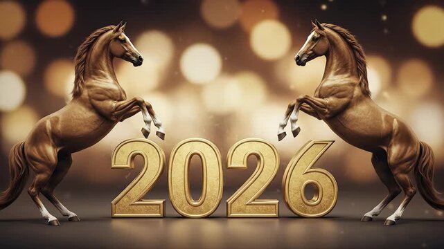 A photorealistic 3d rendering of two majestic brown horses rearing up, flanking the large golden "2026" in a luxurious, warm setting with soft bokeh lights.