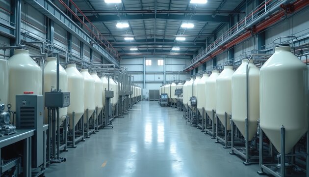 Large industrial dairy facility with rows of tall cream colored tanks. Pipes run overhead and along the walls. Clean, modern factory interior with bright lighting.