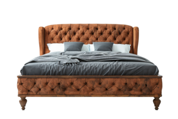 A luxurious brown tufted bed with gray bedding