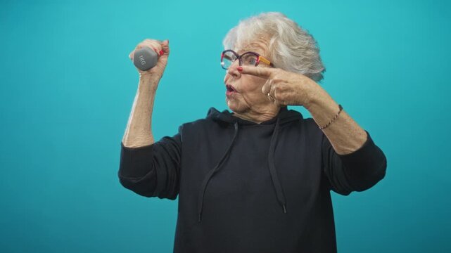 Senior woman wearing glasses and black hoodie points finger at face while holding a 1kg dumbbell against a teal studio backdrop; confidence joy.