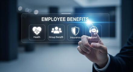 Hand selects employee benefits on a futuristic digital screen, highlighting health, group, and insurance options.