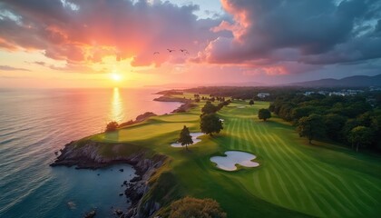Golf course on seaside cliff at sunset. Lush green fairways and sand bunkers overlook calm ocean waters. Scenic coastal landscape with dramatic sky and warm sun glow.