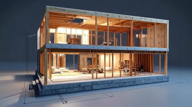 Architectural Cutaway of a Two-Story Structure Displaying Interior Details With Wood Framing and Concrete Foundation