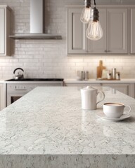 A kitchen counter with a white coffee cup and a white tea pot on it