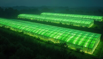 Modern greenhouses glow green at night. Rows of agricultural buildings with artificial lights cultivate crops. Advanced farming tech uses glass structures for plant growth in darkness.