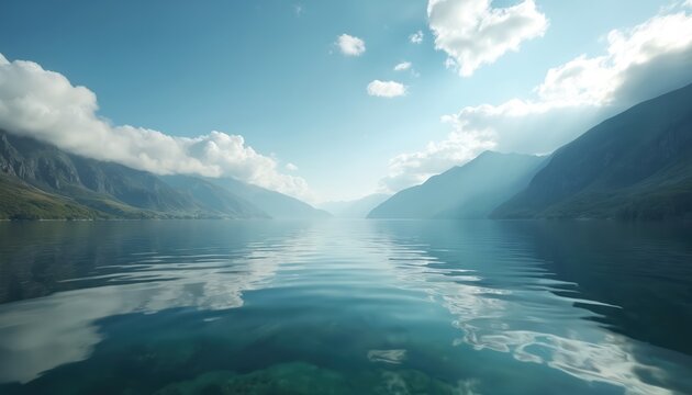 Vast calm lake mirrors misty mountains under a bright sky with sun rays breaking through clouds. Serene natural landscape unfolds, showing clear blue water surfaces and distant green hillsides. - Powered by Adobe