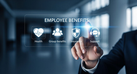Hand selecting "Employee Benefits" on a futuristic digital interface with icons for health, group insurance, and support.