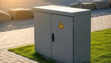 Electrical cabinet with warning sign on grassy area outside