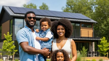 A Happy Family in Front of Solar Panel House: A vibrant family radiates joy in front of their modern house which is covered by solar panels.