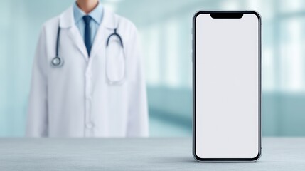 Connected health systems, A doctor in a lab coat stands behind a blank smartphone, suggesting a theme of health technology or telemedicine.