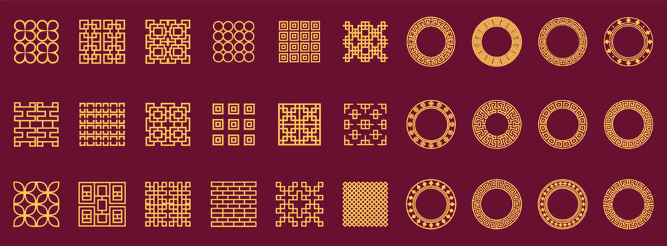 Chinese traditional patterns and round frames set, gold decorative elements on maroon background.