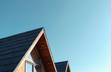 Two triangular A frame house roofs with dark asphalt shingles against clear blue sky. Wood exterior details visible on eaves and under the roofline. Modern architecture style.