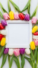 Vibrant tulips surrounding a white frame