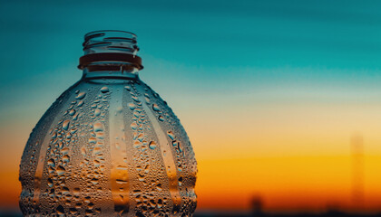Close-up of Water Droplets on a Plastic Bottle Against Sunset Sky water bottle condensation