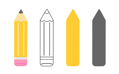Pencil Designs: Colored Pencil, Black Outline, Solid Yellow, and Solid Gray. Flat and Minimalist Educational Illustration for Stationery and School Projects