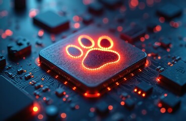 Digital circuit board with glowing paw print. Concept of cyber security, pet tech, animal data protection and network safety. Futuristic AI and innovation.