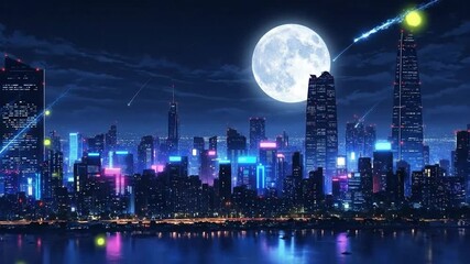 Futuristic cityscape with glowing lights and night sky illuminated by a full moon and shooting stars