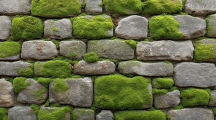Obraz premium Textured stone wall covered in vibrant green moss showcasing nature's blend with architecture in a rustic environment ideal for background and design projects