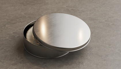 Open Round Metal Tin with Striped Fabric Inside on a Concrete Surface round tin container