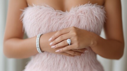 Elegant Woman Displaying Sparkling Jewelry with Pink Feather Dress and Shimmering Ring on Hand, Soft Focus for Glamorous Fashion Shoot