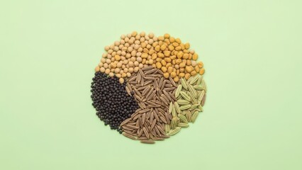 A colorful collection of diverse culinary seeds and spices arranged in a circular pattern on a green background.