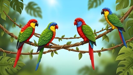 Three vibrant rainbow lorikeets perched on a branch in a lush tropical rainforest environment